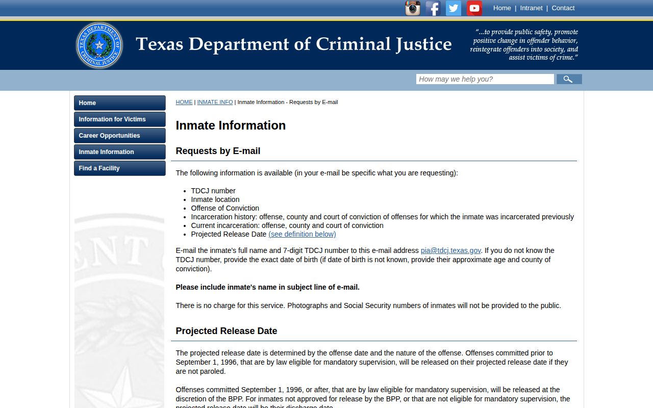 TDCJ projected release date definition and request fields for Lamar County offenders