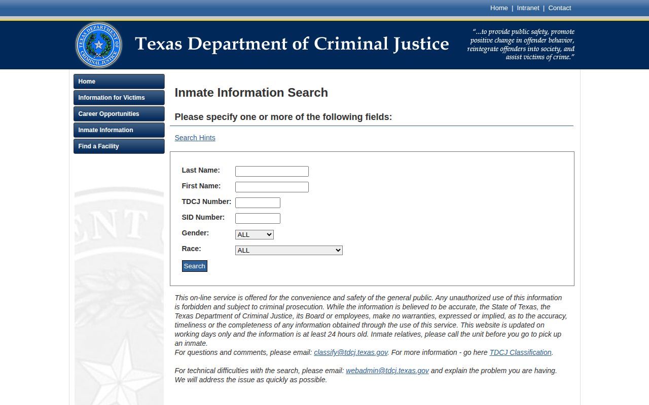 TDCJ offender search fields for Lamar County state inmate release records