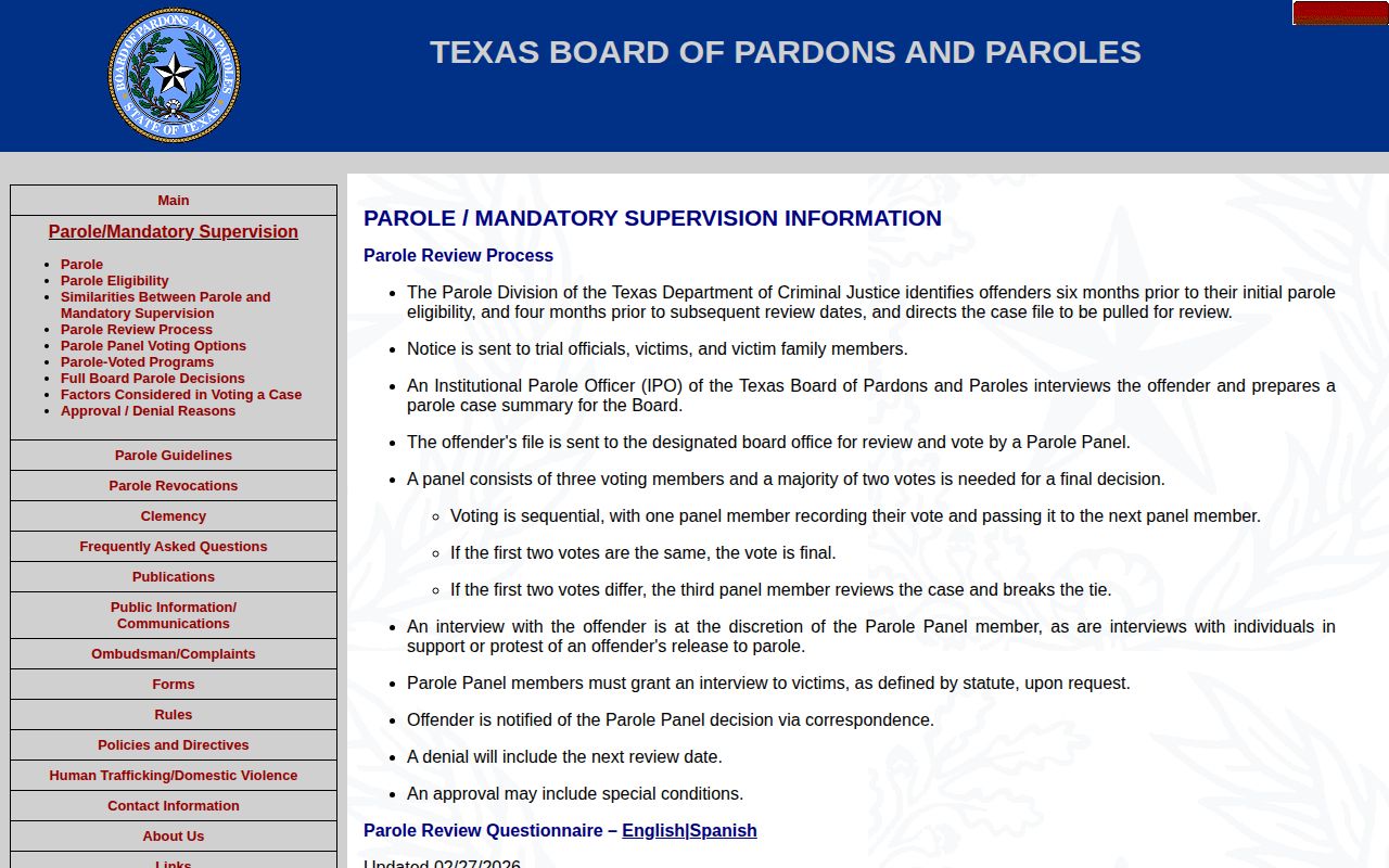Lamar County parole record file-review sequence from the Texas Board of Pardons and Paroles
