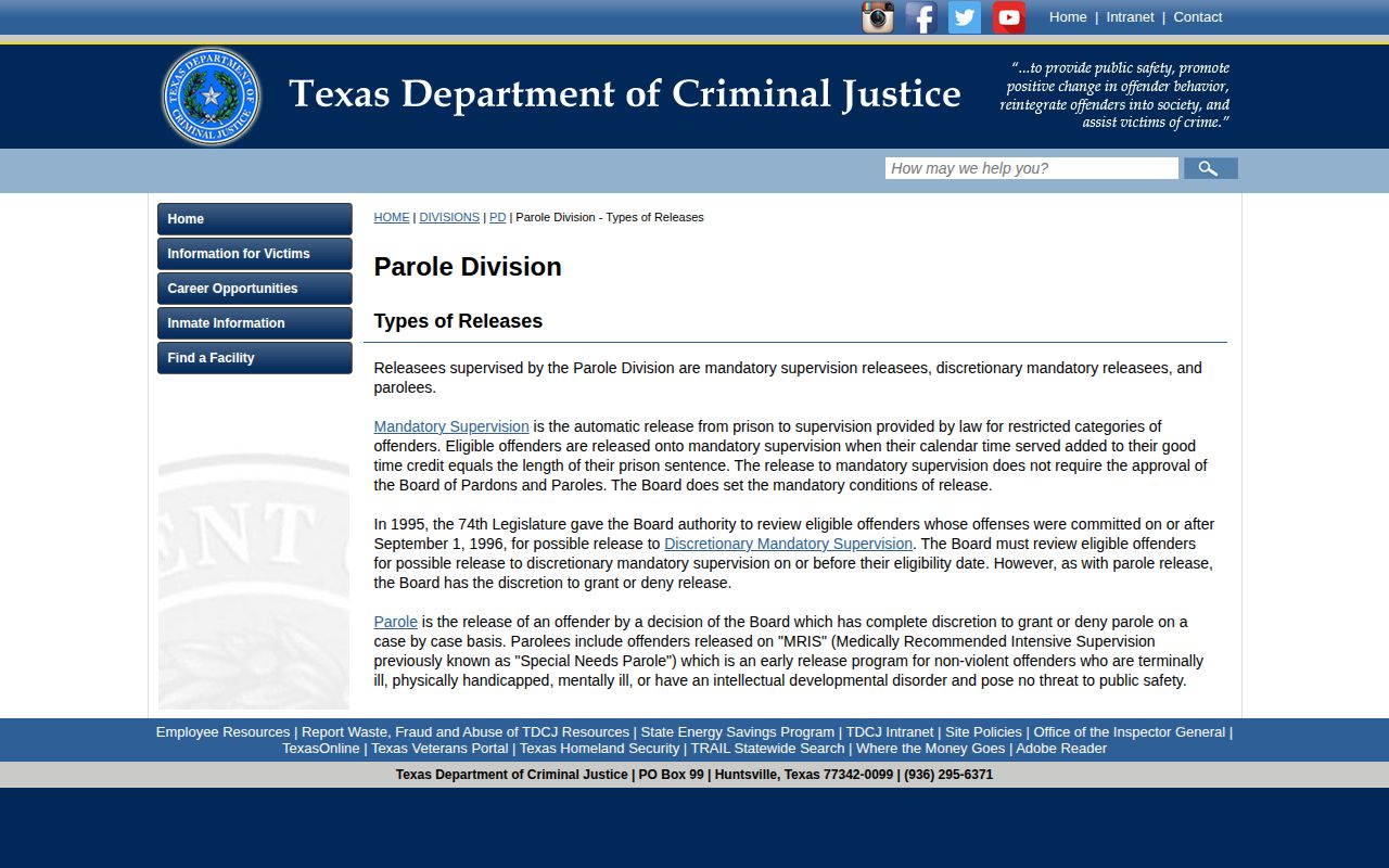 Official Texas release types relevant to Lamar County parole records