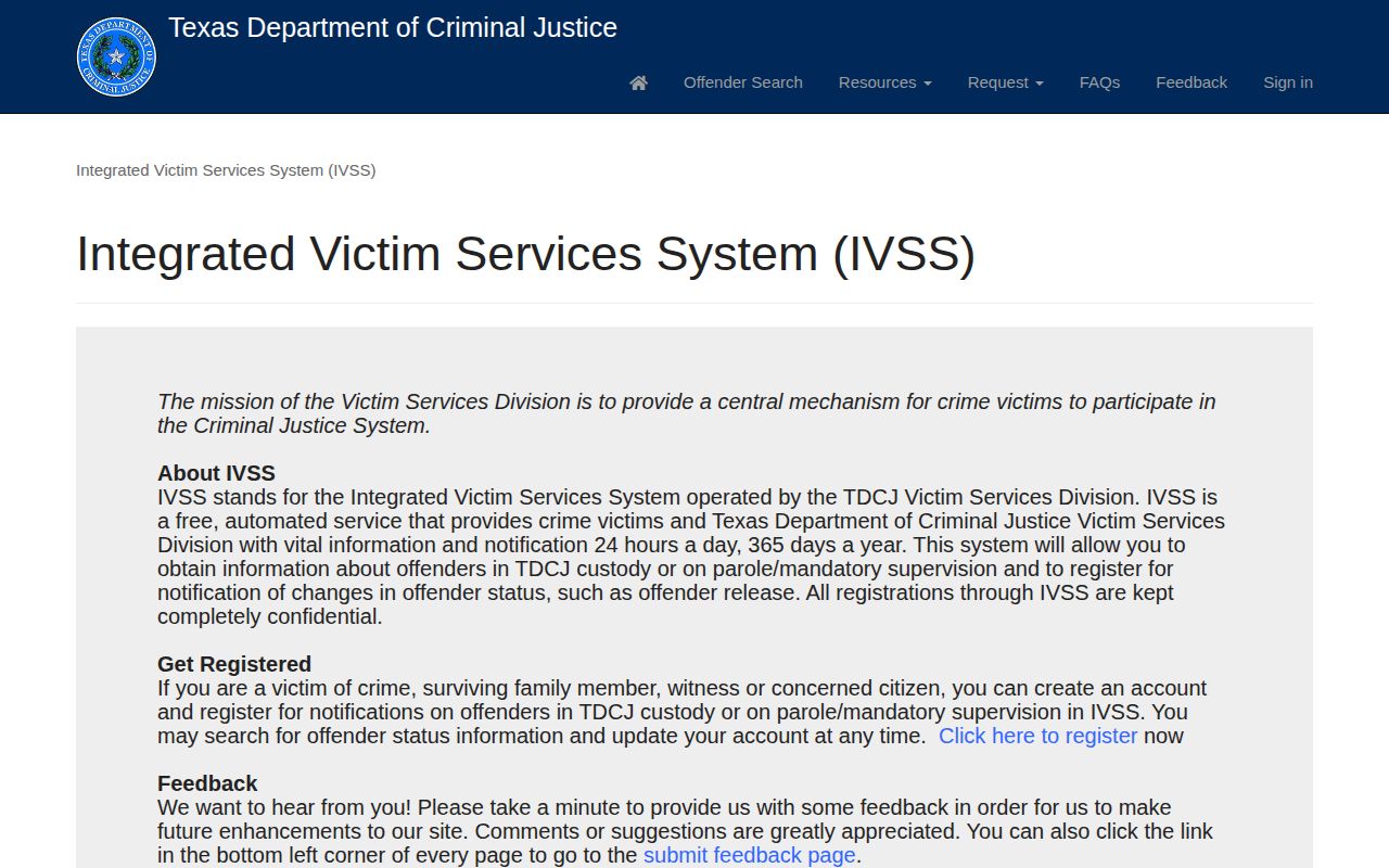 TDCJ IVSS release notification screen for Lamar County state offenders